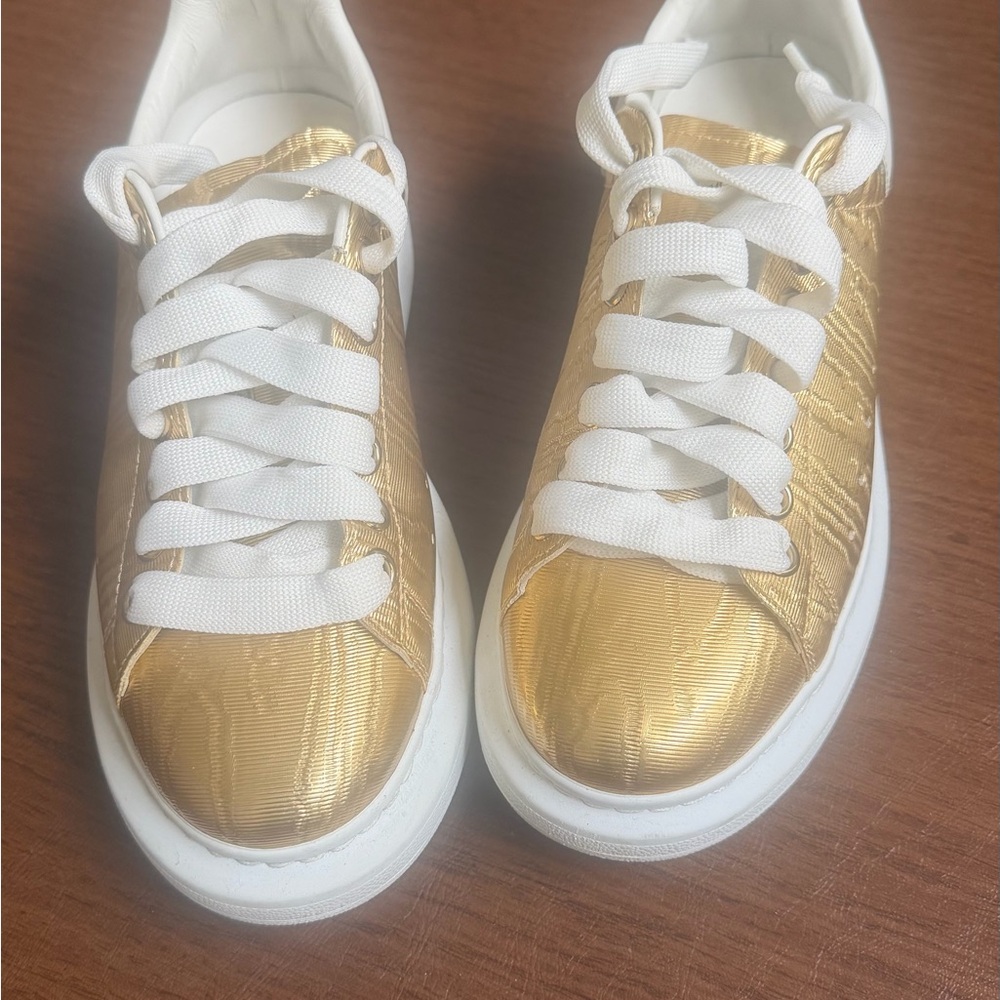 Alexander McQueen Gold and White Platform Lace-Up Sneakers